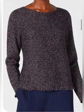 Eileen Fisher SP brown speckle cotton blend fringe hem quiet luxury sweater boho